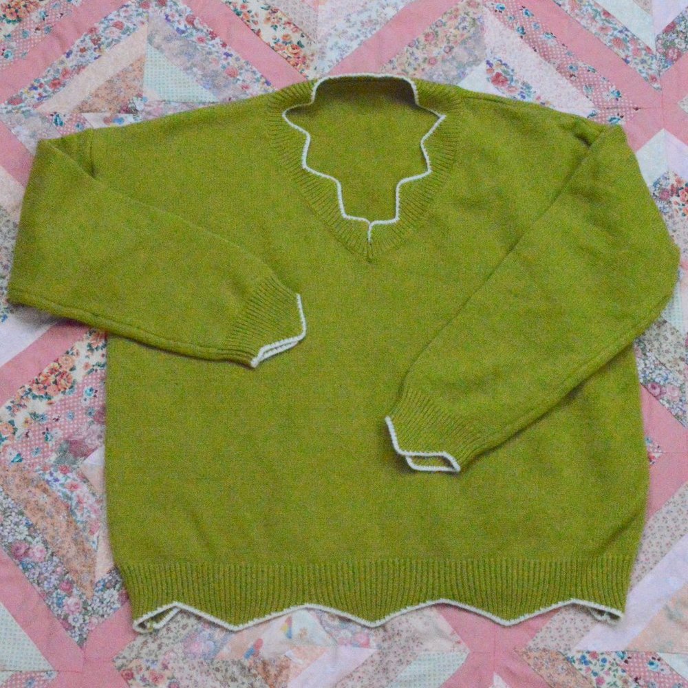 Soft Vintage Chartreuse Sweater with Scallop Hem